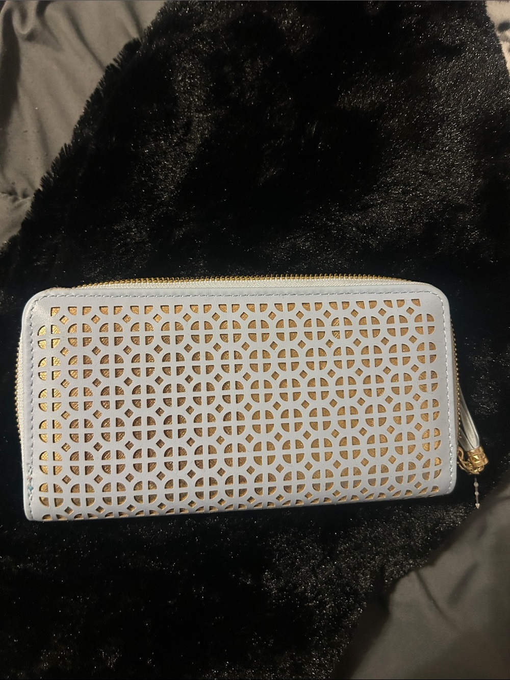Women's Light Blue Laser-Cut Zip Wallet with Gold Accents